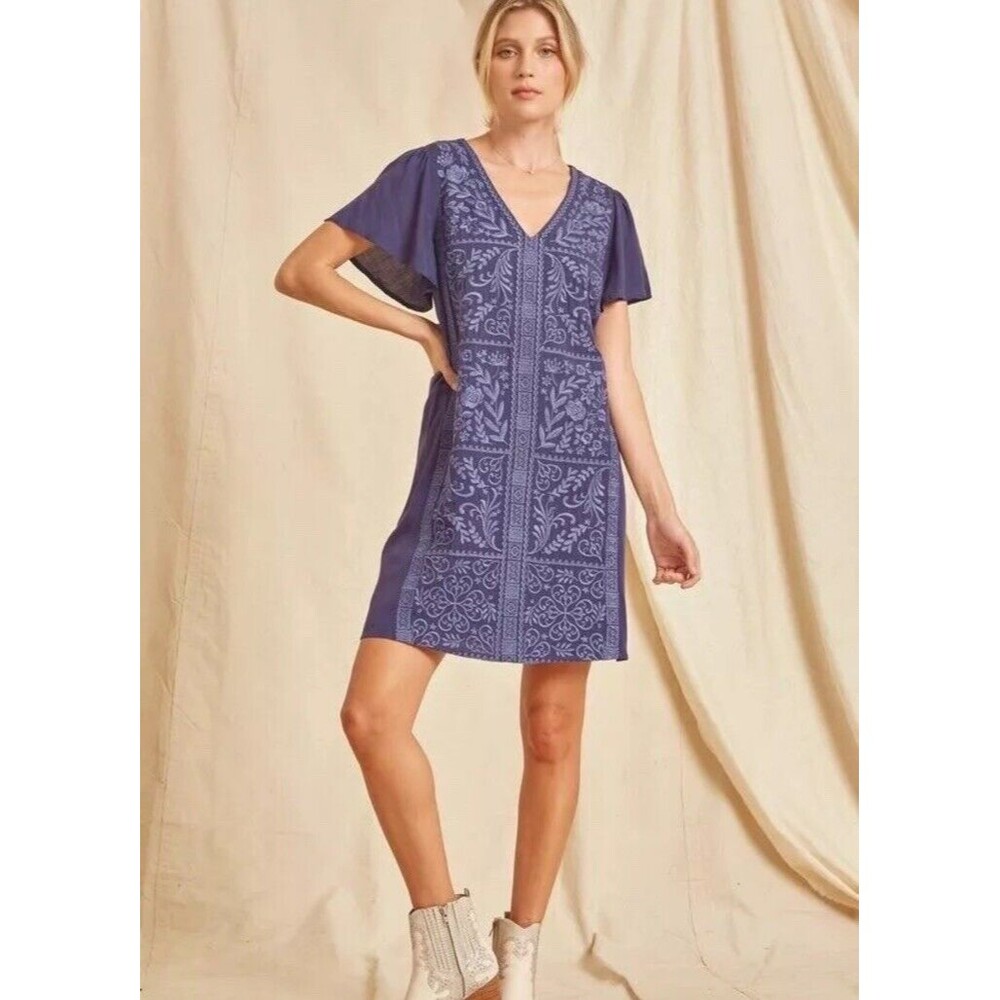 Savanna Jane Shift Dress‎ Womens Size Small Purple Boho Embroidered V Neck